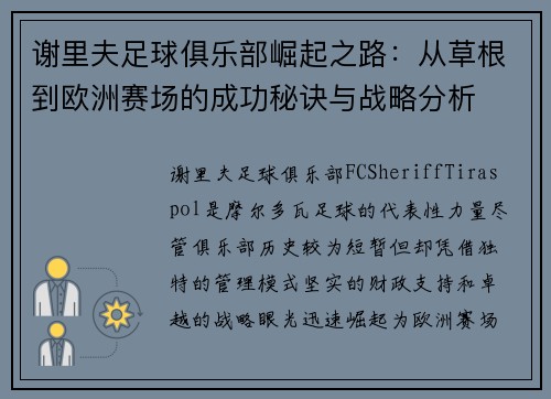 谢里夫足球俱乐部崛起之路:从草根到欧洲赛场的成功秘诀与战略分析 谢里夫足球俱乐部崛起之路:从草根到欧洲赛场的成功秘诀与战略分析