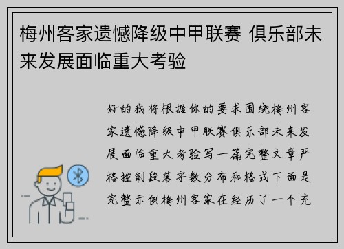 梅州客家遗憾降级中甲联赛 俱乐部未来发展面临重大考验